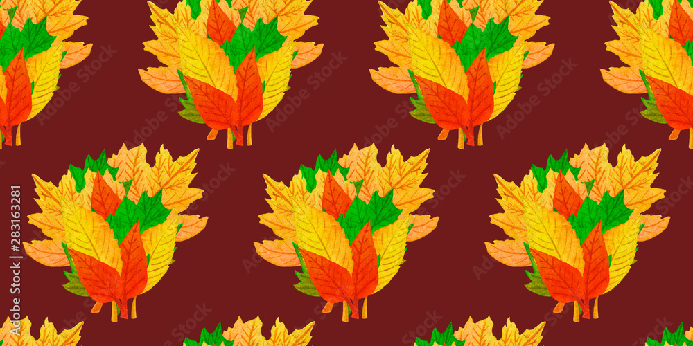 Autumn seamless pattern with bouquet of colorful foliage. Fall backdrop with a banch of yellow, red and green leaves on vinous background. Hand drawn watercolor illustration. Fabric and textile print
