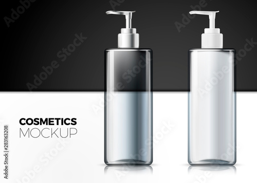 Vector 3d realistic transparent pump bottles full and empty with reflections, modern minimalistic advertisement template. Mock-up for product package branding.