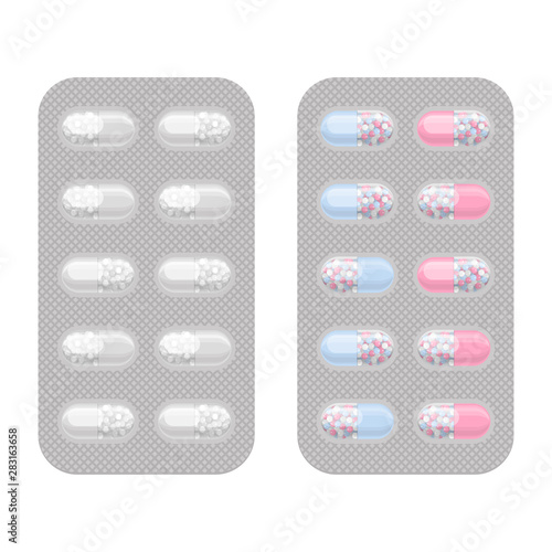 Blister packs capsule pills realistic vector set. Pharmacy isolated monochrome and colorful packagings. Aspirin, antibiotics or painkiller drugs.