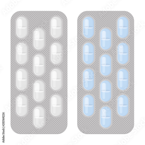 Blister packs long pills realistic vector set. Pharmacy isolated monochrome and colorful packagings. Aspirin, antibiotics, vitamin or painkiller drugs.