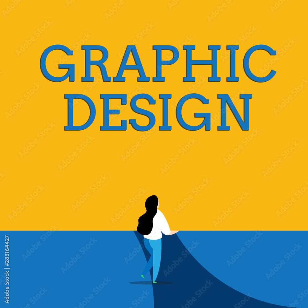 Conceptual hand writing showing Graphic Design. Concept meaning art or skill of combining text and pictures in advertisements Back view young long hair woman holding blank square announcement Conceptual hand writing showing Graphic Design. Concept meaning art or skill of combining text and pictures in advertisements Back view young long hair woman holding blank square announcement
