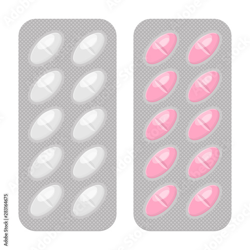 Blister packs oval pills realistic vector set. Pharmacy isolated monochrome and colorful packagings. Aspirin, antibiotics, vitamin or painkiller drugs.