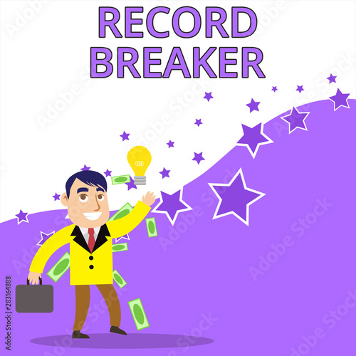 Text sign showing Record Breaker. Business photo text someone or something that beats previous best result Successful Businessman or Clerk Generating Good Idea or Finding Solution photo