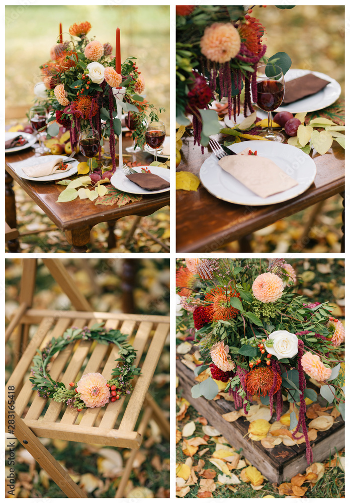 Fototapeta premium Dinning Table Set For Wedding. Autumn Flowers Table Decor, Floral Design On A Table Dinner.