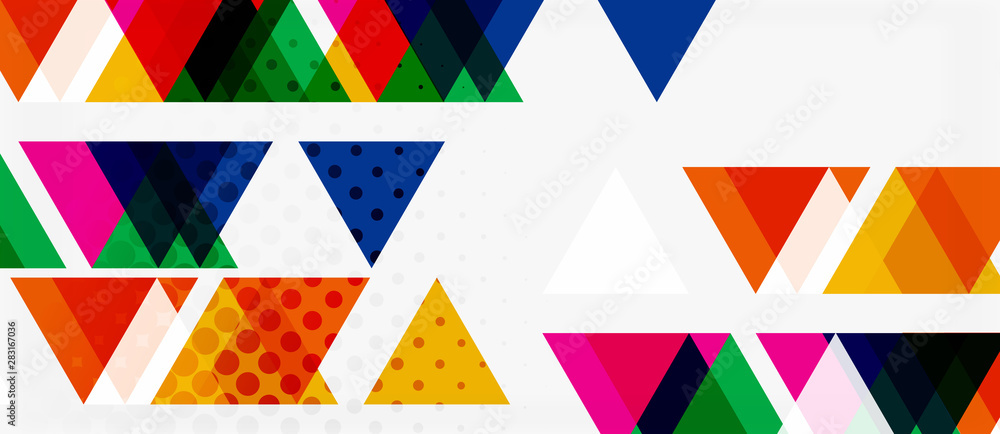 Banner with multicolored mosaic triangle geometric design on white background. Abstract texture. Vector illustration design template. Banner with multicolored mosaic triangle geometric design on white background. Abstract texture. Vector illustration design template.