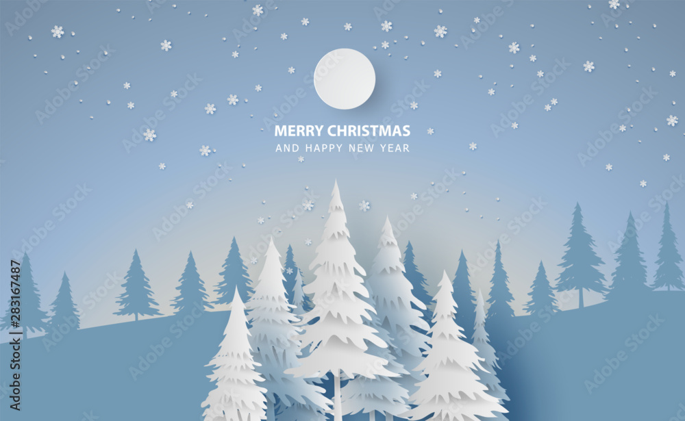 Scenery Merry Christmas and New Year on holidays background with forest winter snowflakes season landscape.Creative snowfall and full moon paper art and cut style for card. Vector Illustration.EPS10