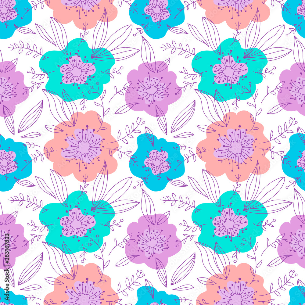 Cute seamless pattern with poppies in doodle style. Botany backdrop in pastel color. Simple vector illustration can be used for website background, wallpaper, banner, paper packaging, wrapping, fabric Cute seamless pattern with poppies in doodle style. Botany backdrop in pastel color. Simple vector illustration can be used for website background, wallpaper, banner, paper packaging, wrapping, fabric