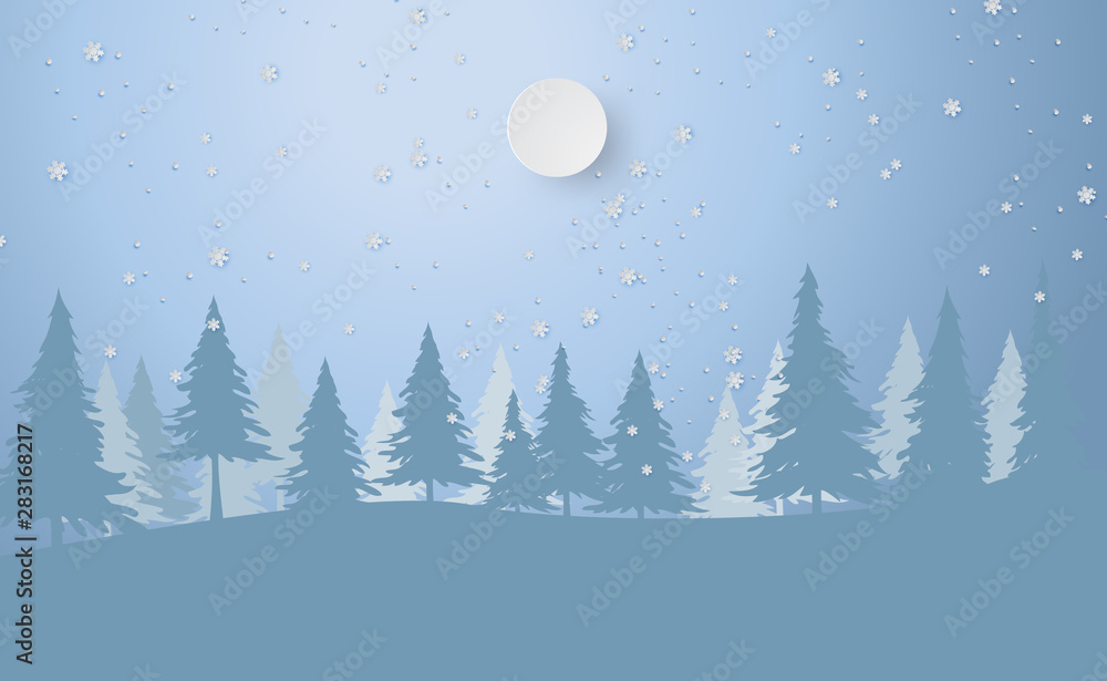 Scenery Merry Christmas and New Year on holidays background with forest winter snowflakes season landscape.Creative snowfall and full moon paper art and cut for card and postcard Vector Illustration.