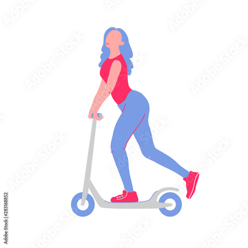 Young cartoon girl skating on scooter. Vector concept with fun character on white background in flat style. Activity street lifestyle. Can be used for t-shirt print, poster, banner