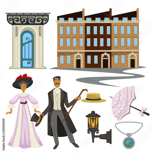 1900s symbols, man and woman, retro fashion style and architecture