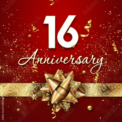 Creative background, 16 years old. Celebration of golden text and confetti on a red background with numbers and golden bow. Anniversary celebration template, flyer. 3D illustration, 3D rendering