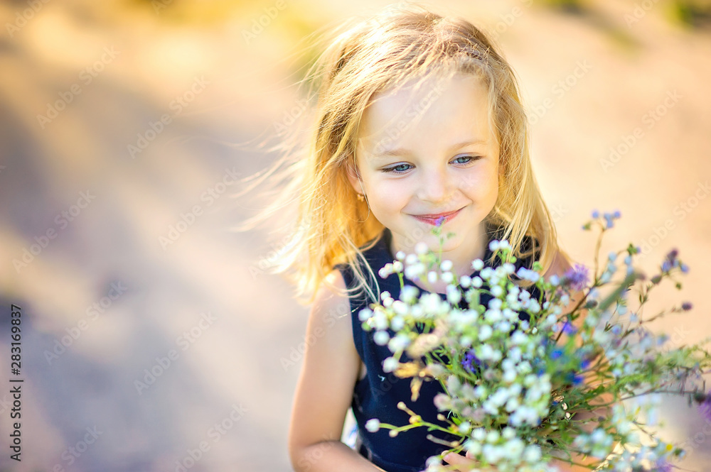 lovely cute little girl with blond hair walks outdoors at sunset, holds a bouquet of wildflowers in her hands, happy childhood lovely cute little girl with blond hair walks outdoors at sunset, holds a bouquet of wildflowers in her hands, happy childhood