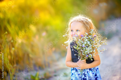 lovely cute little girl with blond hair walks outdoors at sunset, holds a bouquet of wildflowers in her hands, happy childhood