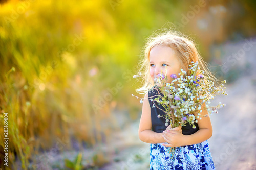 lovely cute little girl with blond hair walks outdoors at sunset  holds a bouquet of wildflowers in her hands  happy childhood