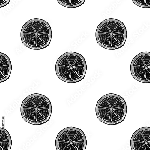 Seamless pattern with hand-drawn black oranges on white background