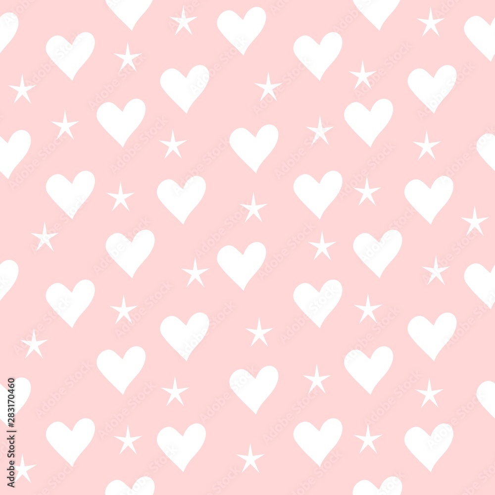 Seamless pattern with hearts and stars light pink background, shiny hearts