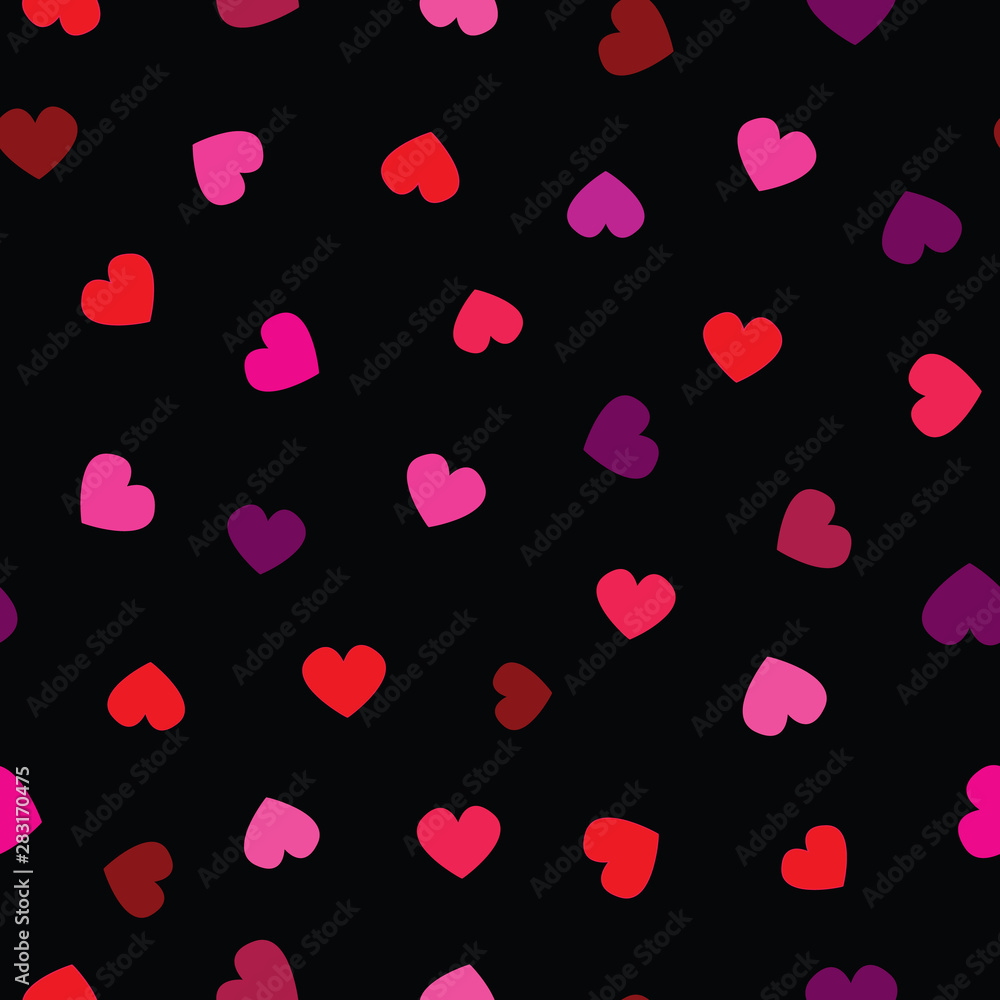 Seamless vector pattern, red hearts on black background. Red, pink, oragne, lila, violet hearts, retro colors.