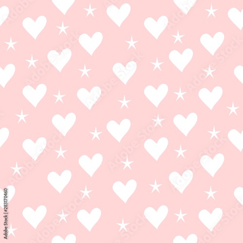 Seamless pattern with hearts and stars light pink background  shiny hearts