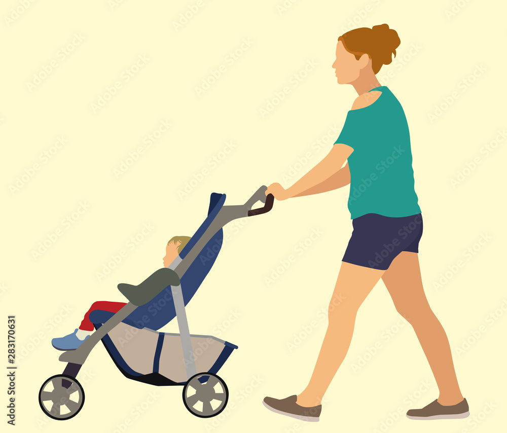 Young Mother Pushing Baby in Stroller 