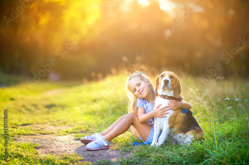 cute girl hugs a beagle puppy, sit on the grass in the park at sunset, best friend
