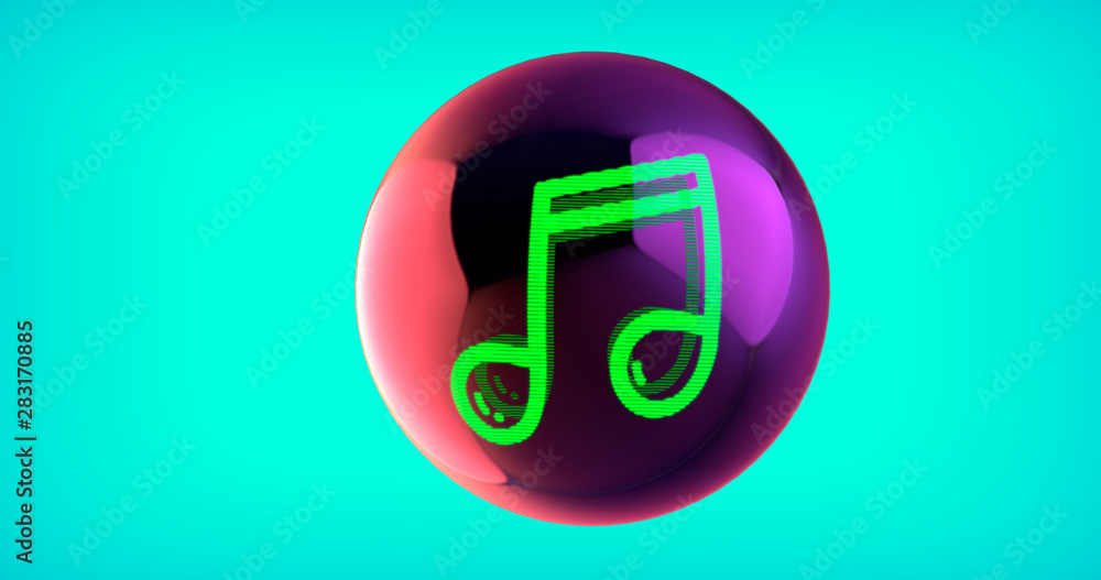 Green, Pink and Purple Neon Glowing Note Symbol. 3D Illustration of Notes, Music, Audio Icon with Copy-Space. Isolated on a Turquoise Background. Green, Pink and Purple Neon Glowing Note Symbol. 3D Illustration of Notes, Music, Audio Icon with Copy-Space. Isolated on a Turquoise Background.