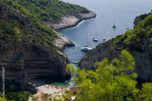 Stiniva bay, Vis island, Croatia.  The most beautiful place in Croatia. The best bay in Europe.  The best beach in Europe. Pirate Bay. The bay is separated by rocks.