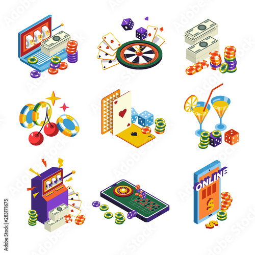Casino online isolated icons, poker and slot machine, roulette and dice