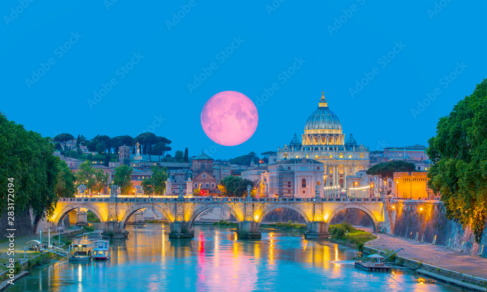 St Peter Cathedral with full moon - Rome, Italy 