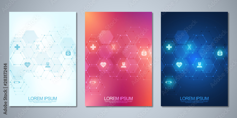 Fototapeta premium Template brochure or cover design, book, flyer, with medical icons and symbols. Healthcare, science and medicine technology concept.