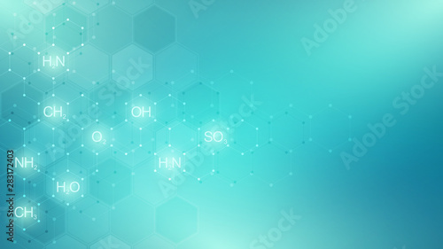Abstract chemistry pattern on green background with chemical formulas and molecular structures. Template design with concept and idea for science and innovation technology.