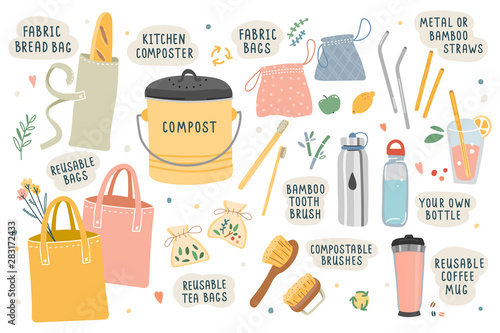 Collection of hand drawn zero waste elements. Ecological lifestyle vector illustrations in modern trendy flat cartoon style. Reusable bags, brushes and bottles, kitchen composter, isolated on white.