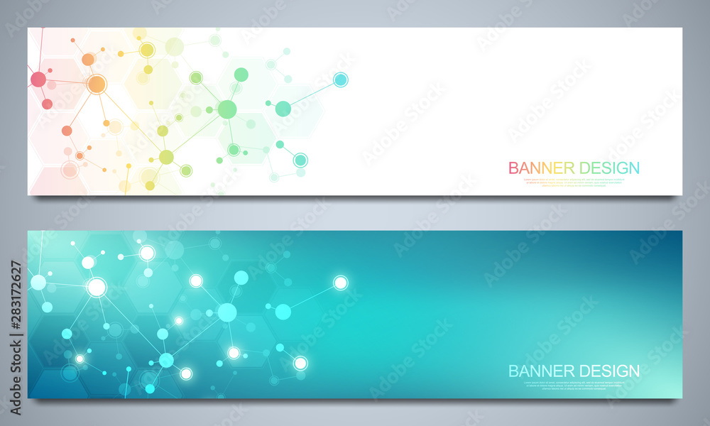 Banners design template with molecular structures and neural network. Abstract molecules and genetic engineering background. Science and innovation technology concept.