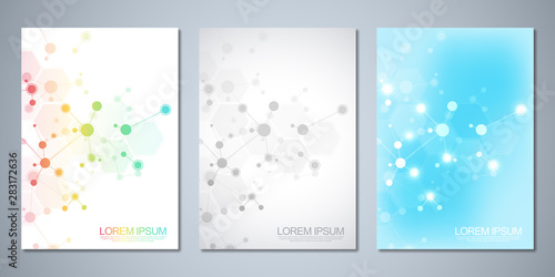 Vector template brochures or cover design, book, flyer, with molecules background and neural network. Abstract geometric background of connected lines and dots. Science and technology concept.