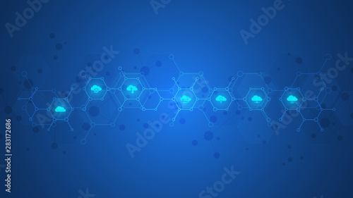 Cloud computing concept with flat icons and symbols. Innovation technology background.