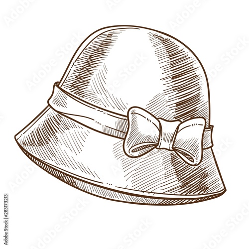 Female vintage hat with bow, retro accessory or garment isolated sketch