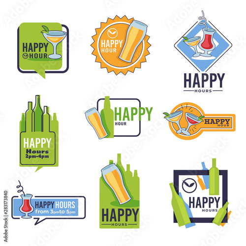 Bar happy hour isolated icons, beer and cocktails, alcohol drinks