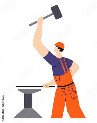 Blacksmith craft, building or construction works, man and anvil with mace