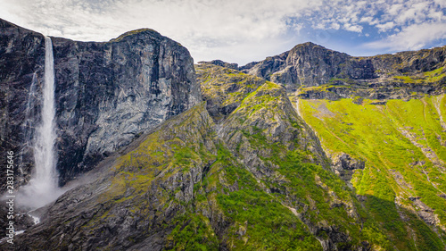 The fjord. Waterfall. Norway. Aerial view