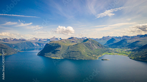 The fjord. Waterfall. Norway. Aerial view