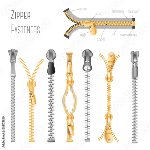 Zippers and metal or plastic fasteners, clothes components isolated objects