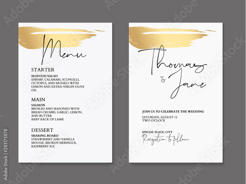 Golden brush tender simple wedding cards with marble texture and gold. design for cover, banner, invitation, card. Branding and identity Vector illustration.