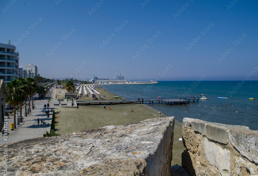 Sea view from the wall of a medieval castle in Larnaca, Cyprus, July 2019