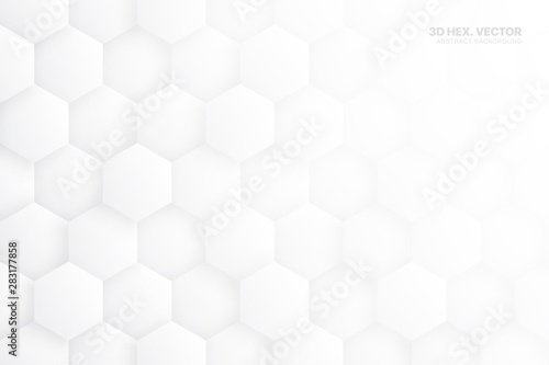 3D Vector Hexagonal Blocks Structure White Abstract Background. Three Dimensional Science Technologic Hexagons Light Conceptual Art Illustration. Clear Blank Subtle Textured Backdrop