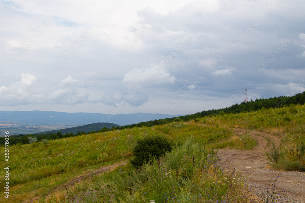 Fototapeta premium Southern highlands. Field with low mountains. Low mountains with trees. Anapsky district, Russia. Summer mountain landscape