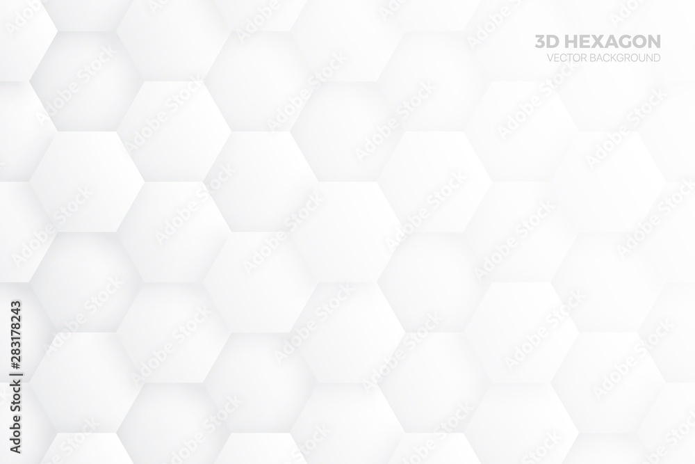 Fototapeta premium 3D Hexagon Blocks Structure White Vector Abstract Background. Three Dimensional Science Technologic Hexagonal Pattern Light Conceptual Minimalist Illustration. Clear Blank Subtle Textured Backdrop