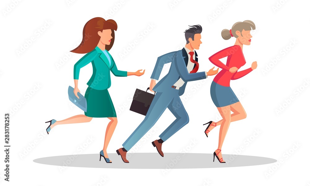 Business people are late and hurry up. Men and women running in the same direction to work, meeting in morning. Motivation, competition, deadline, sale concept. Vector cartoon isolated on white.