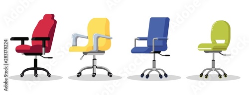 Set office chairs with casters. Modern desk height adjustable armchair. Side view. Furniture item for workplace at company or at home. Vector flat icon isolated on white background.