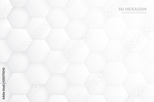 Fototapeta Naklejka Na Ścianę i Meble -  3D Hexagon Blocks Structure White Vector Abstract Background. Three Dimensional Science Technologic Hexagonal Pattern Light Conceptual Minimalist Illustration. Clear Blank Subtle Textured Backdrop