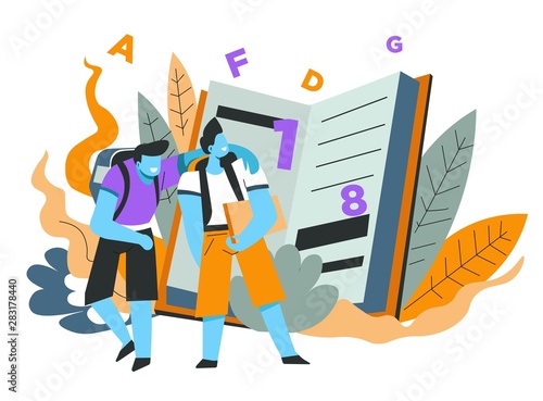 Education and knowledge, school children, boys classmates and book