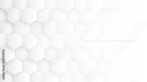 Technologic 3D Vector Hexagon Blocks White Abstract Background. Conceptual Sci-fi Hexagonal Structure Pattern Minimalist Light Wallpaper. Clear Blank Subtle Textured Banner Backdrop